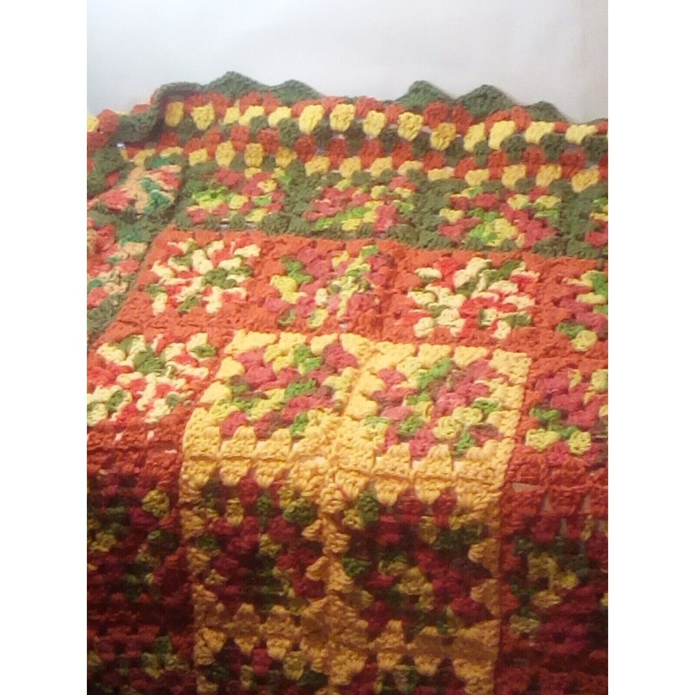 Vtg Granny Square Afghan Throw Blanket Hand Made Crochet 48x38 Fall Colors